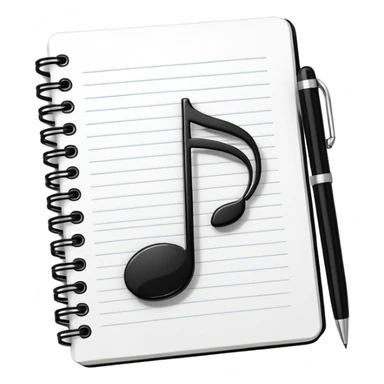Minimalistic flat vector icon, iOS style, thin black contour on white background. Small notebook with a musical note on the cover, a pen placed next to it. Clean, modern, no text, no shadows. sticker