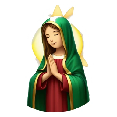 Virgin Mary: kind face looking down at the left, long brown hair, Wearing an emerald green  robe with gold stars and a burgundy red dress,  Hands in prayer or blessing. Halo around her head. standing in front of a big sun. colorful roses on the sides  sticker