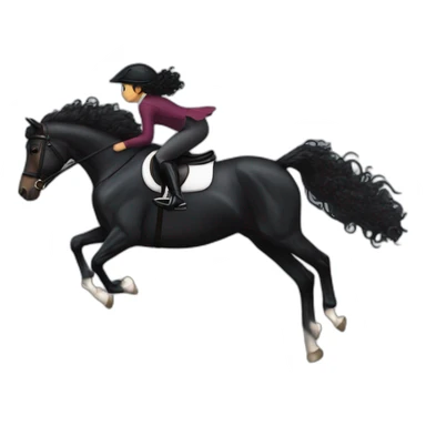 a  JET BLACK HORSE JUMPING AN OBTACLE, tHE HORSES RIDER IS A YOUNG FEMALE WITH LONG CURLY BRUNNET HAIR sticker