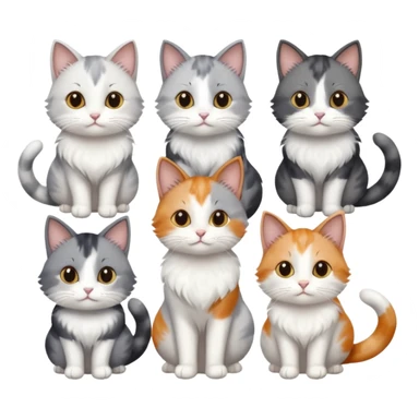 6 realistic looking cats with different natural coloured coats, assorted grey and white, greys, calico, brown and white colours etc
 sticker