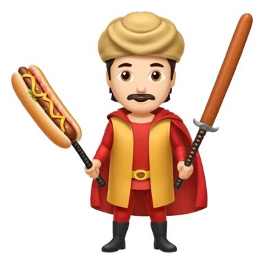 Middle aged attractive man wearing a hot dog costume wielding a katana sticker