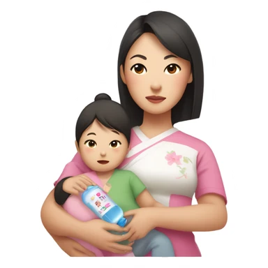 An Asian woman with white skin holds an Asian baby and a small child in her arms, in the other hand a bottle / pacifier with a mixture on the bottle the inscription "ANA" in pink color sticker