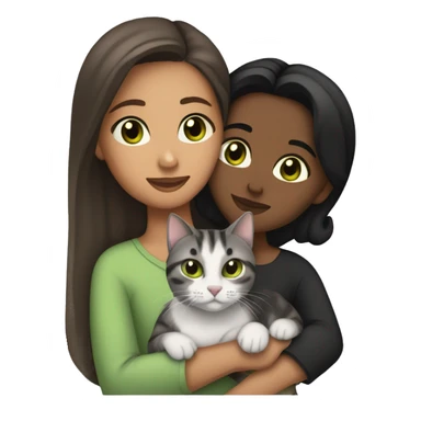 (brownskin girl with brown eyes and black hair) cuddling (one gray tabby cat with green eyes) sticker