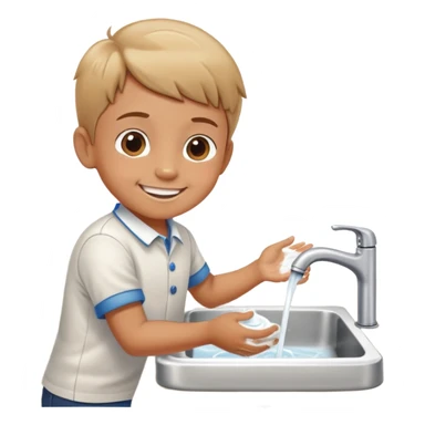 child washing hands at a sink, smiling, food on table in background sticker