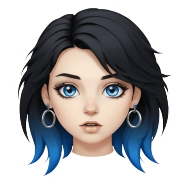 
 rockstar girl with black disheveled hair, blue eyes, Smokey eyes grunge makeup, ring on the side of the nose sticker