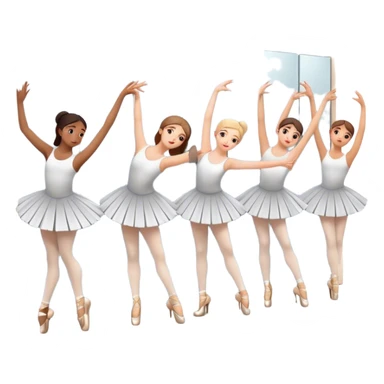 Icon for Choreography: a group of dancers in identical poses, standing by a wall with all wall long mirror, holding a long barre with one hand. The icon should capture the discipline and synchronized movement of dance training. Transparent background. sticker
