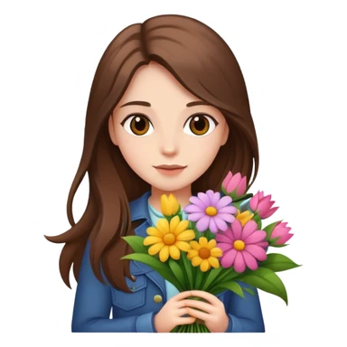 Cool girl with long brown hair and fair skin holding a bouquet of flowers sticker