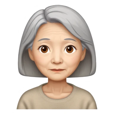 Elderly Chinese woman with gray hair, brown eyes with wise expression lines, beige sweater sticker
