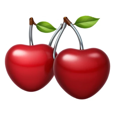 A pair of cherries emoji made of polished silver chrome, smooth rounded shapes, glossy metallic finish, soft highlights and reflections, cute proportions, iOS emoji style, centered, clean white background, no text sticker