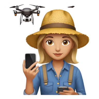 female farmer with a hat looking at smartphone with a drone in background, emoji style sticker