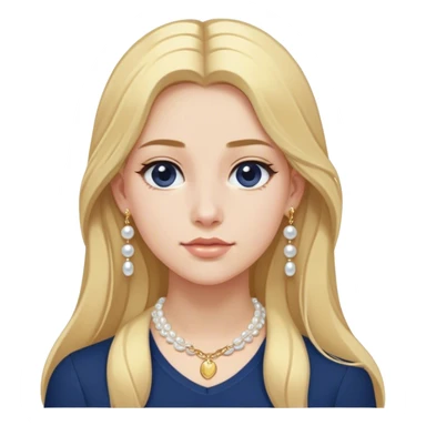 White girl with long blonde hair with a form fitting navy blue shirt with a dainty gold chain and pearl earrings sticker