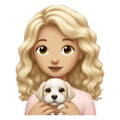 Aesthetic clean girl, white girl, blonde wavy hair holding cute small puppy with eyes closed and double heart emoji sticker