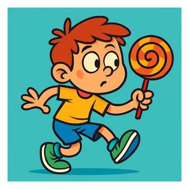 a kid tiptoeing away with a lollipop, fun and expressive, animated style, vibrant toon colors sticker