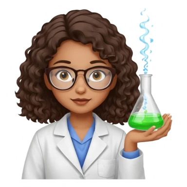 realistic bratz doll with long loose curly dark brown hair, glasses that are round cat eye vibes, in a lab coat mixing beakers that glow shes a 4th grade girl sticker