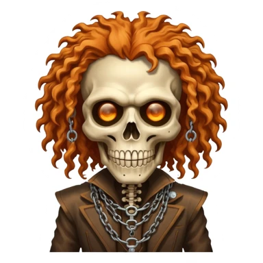 steam-punk Megadeth - iconic skeleton mascot with rusty metal eye covers and chains on his teeth, orange curly huge hair sticker