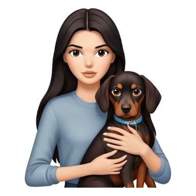 Kendall Jenner with long dark hair holds a Doberman Pinscher in her arms sticker