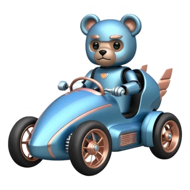  Metallic blue and rosegold-accented  kid-sized racing car for furry-faced grey bearded evil scary robot teddy bear and passenger with custom aero body and rear wing and motorcycle-sized wheels  sticker