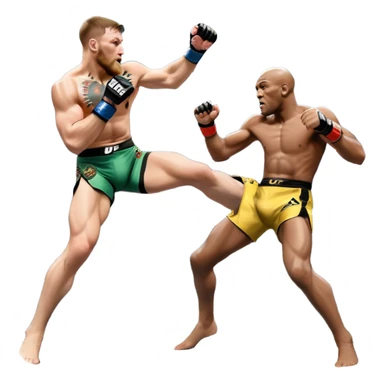An MMA showdown between Conor McGregor and Anderson Silva in the octagon. McGregor is executing a powerful jumping strike, while Silva is expertly blocking the attack with his forearm. The background features the UFC octagon, fans in the distance, and dynamic action. Transparent background sticker