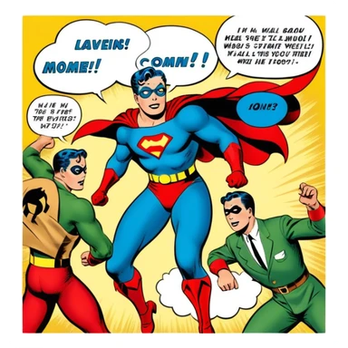 Icon for Vintage American Comics: an open comic book with classic 1940s-1950s American comic art, featuring superheroes in bold, bright colors, with action panels and exaggerated speech bubbles. The icon should represent the nostalgic style of vintage comics. Transparent background. sticker
