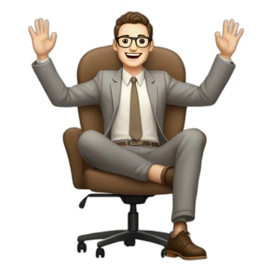 Joyful Celebrating victory Hands up Pale skinned Fit Man With dark brown hair in gray jacket, beige office shirt, Brown pants and vintage glasses sitting In a soft chair sticker