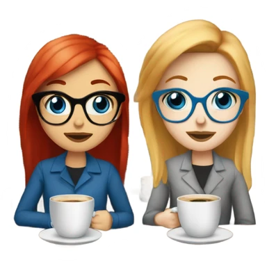 Two white skin girl friends one blonde in glasses blue eyes and one red headed with no glasses sitting in the coffee house drinking coffee sticker