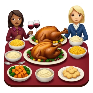 Thanksgiving Dinner with 6 friends of all different races around the table; have the food be a cooked turkey, mashed potatoes, corn, a basket of biscuits, a small bowl of cranberry sauce, baked yams, steamed vegetables, and a bottle of wine. sticker