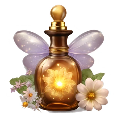 Brown magic fairy light sparkling old Antique oil perfume bottle with herbal and flowers sticker