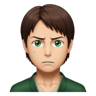 “Create an avatar that looks like Eren Yeager from Attack on Titan, Season 4 — sharp jawline, tied-back long brown hair, intense green eyes. Normal expression.  sticker