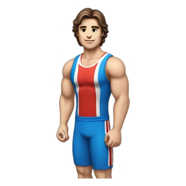 retro 70s blue and red gym clothes for a modern white brunette uni male student with glass sticker