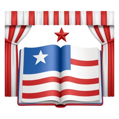 Book of theatrical set design with cover designed like the Puerto Rican flag, red and blue stripes with white star, theater curtains visible on pages sticker