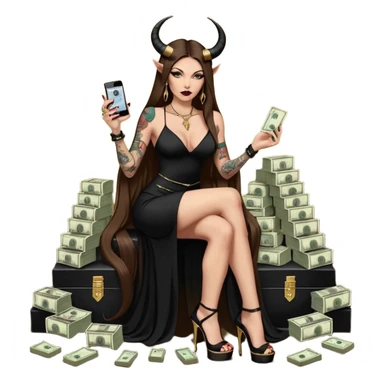 Sensual seductress long brown straight haired sexy drug lord woman with tattoos on arm sleeves and black gold platform high heels on her feet,  and devil black horns on her head, holding a stack of cash, has a phone in other hand. Sitting on gold cases full of drugs, long black dress with sexy slit sticker