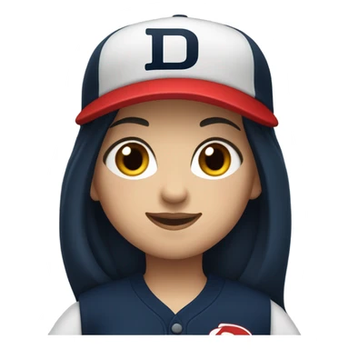White girl with black long hair who wearing navy ballcap emblazoned with a red D initial and wearing baseball uniform sticker