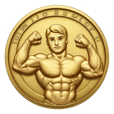 A gold coin engraved by a bent arm showing a big biceps. No human, only the arm sticker