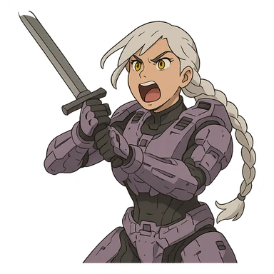 female, wearing reach spartan armor default, long white braid hair, gold yellow eyes, attention pose, HALO:series, no helmet, the armor is lavender color scheme, shoulder pad off. DDD bust size fitting. Punk gothic cyberpunk, brandishing a sword, preparing to swing and yelling sticker
