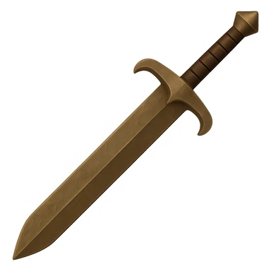 Make the greatsword blade straight and perfectly aligned with the handle, keep the metallic bronze look with visible wear and scratches, no gems. The style should resemble emoji style with a transparent background. sticker