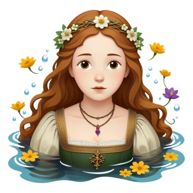 Ophelia from Hamlet floating in water surrounded by flowers, with a tragic expression, wearing a medieval dress, based on Millais painting and Shakespeare's character sticker