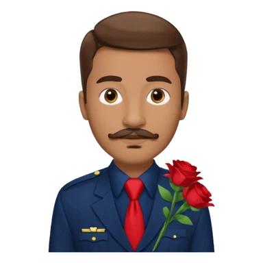 Homme avec bouquet fleurs blanches, avec uniforme bleu foncé cravate rouge, arabe raie sur le coté, brun un peu bronzé et yeux marrons 23 ans bouc moustache sans fleurs sur le costume  sticker