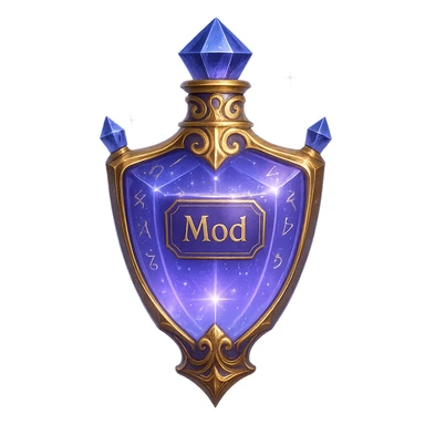 Extremely luxurious crystal elixir bottle in shield shape, color #7986cb, with inscription 'Mod', enhanced glow, edges, ornaments, golden details, subtle magical effects, unique shape accents like additional crystals, light streams, magical symbols. Transparent background, beautiful seamless bottom, bottle clearly floating in air without base or shadow, premium class, modern, fits collection. sticker