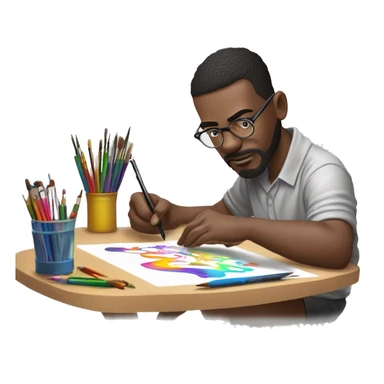 👨‍🎨📱✍️ A creative man is focused, drawing on an iPad with a stylus. He has a look of concentration on his face, using the iPad placed on a table. The background is bright, with art tools like brushes and pencils around him. 🎨 sticker