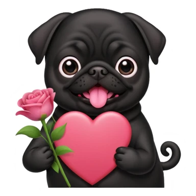 black pug holding valentine’s day card and flowers sticker