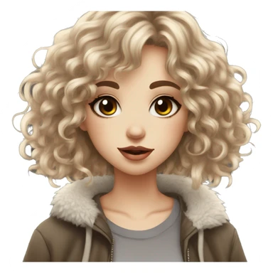 girl pretty, pale medium length curly hair dark brunette with hair layers, bangs, big hazel eyes, big lips, small nose, nose nostril piercing, three ear piercings sticker