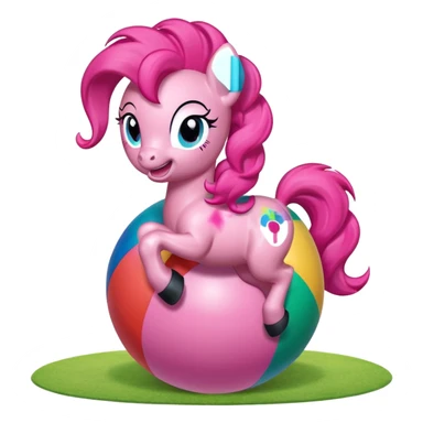 Pinkie Pie pony from My Little Pony happily bouncing on a big colorful ball, cartoon style, bright colors, cheerful expression, background with green meadow or playground sticker