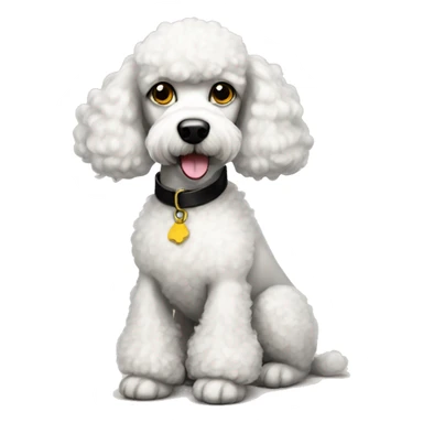 white poodle with black splotches and brown eyes, yellow collar sticker