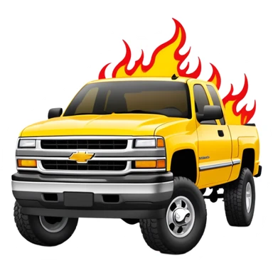 1997 Chevrolet Silverado C-2500 in bright yellow with screen-accurate red flame decal printed on the hood, faithful to Kill Bill movie design, 30-degree angle, iOS emoji style sticker
