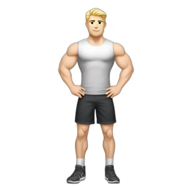 Full height Pale skinned fit man With the biceps and blonde hair In dark gray sleeveless mike, black oversize sports shorts, watch and white sneakers. his arms crossed over his chest sticker