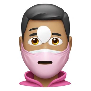 Man in pink jacket hood up, identity hiding plastic mask with white circle in the middle  sticker