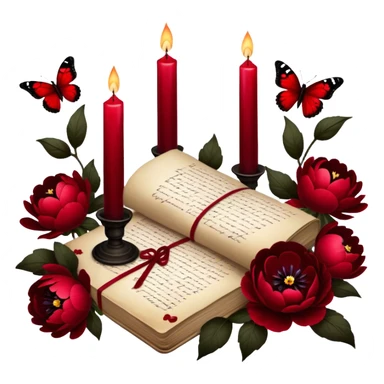 A mystical still life with blood-red candles casting flickering shadows over scattered love letters, their ink smudged with passion. Crimson butterflies rest on blackened crosses, while lush red peonies and pansies bloom in the dim candlelight. sticker