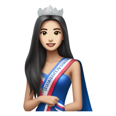 Miss Universe Thailand with long straight hair and a sash sticker