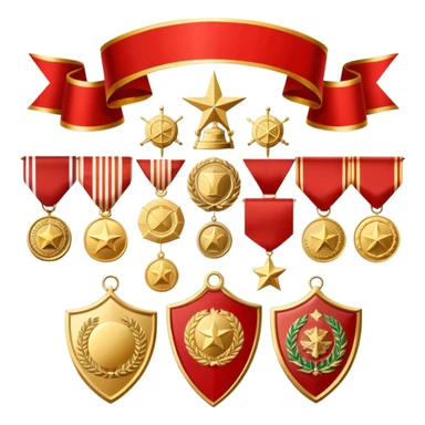 Icon for Collecting Orders, Medals & Badges: a variety of vintage orders, medals and badges, displayed neatly on a big red pennant or in a display case. The icon should reflect the honor and historical significance of these collectible items. Transparent background. sticker