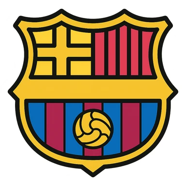 minimalist icon representing FC Barcelone with club's signature colors blue, garnet, yellow, abstracted shield shape, and football element sticker